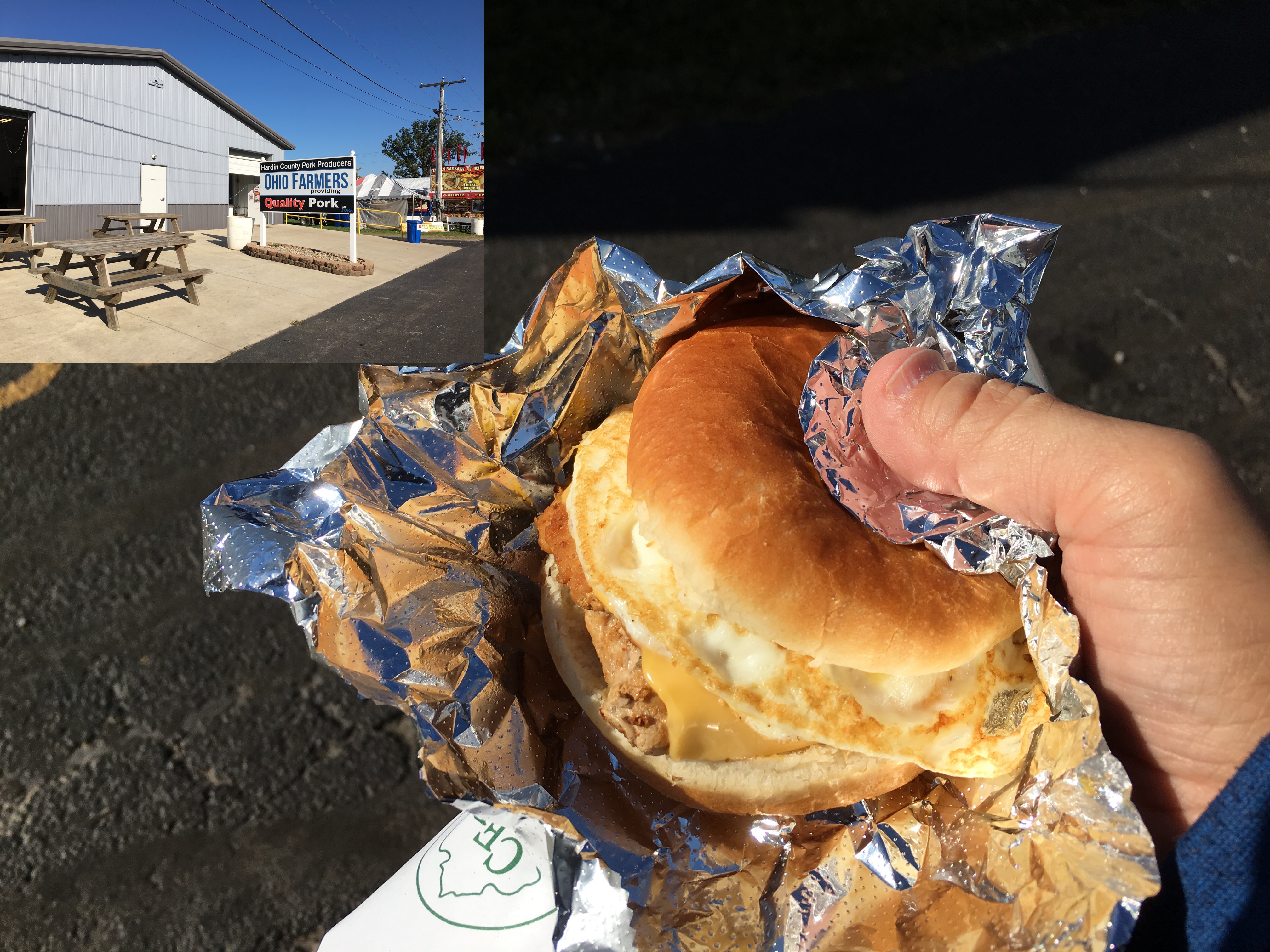 Breakfast at the fair, sausage, cheese, and egg sandwich