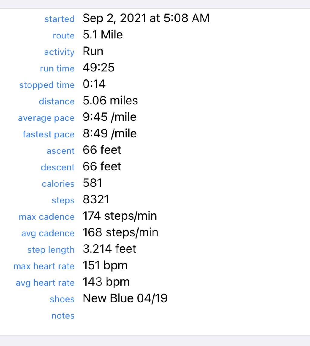 Finished Run with #runmeter, on 5.1 Mile route, time 49:25, distance 5.06 miles, average 9:45.