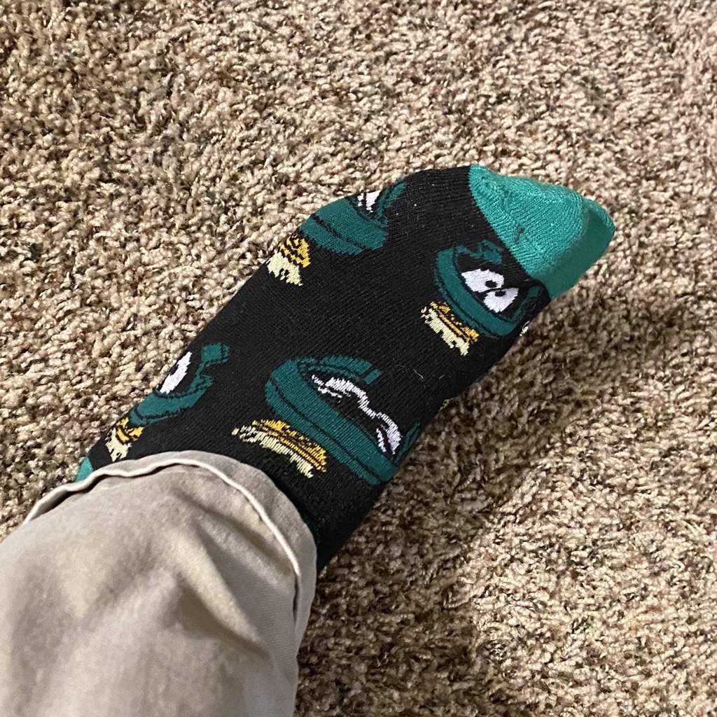 Green shirt, so it’s Marvin the Martian socks day!